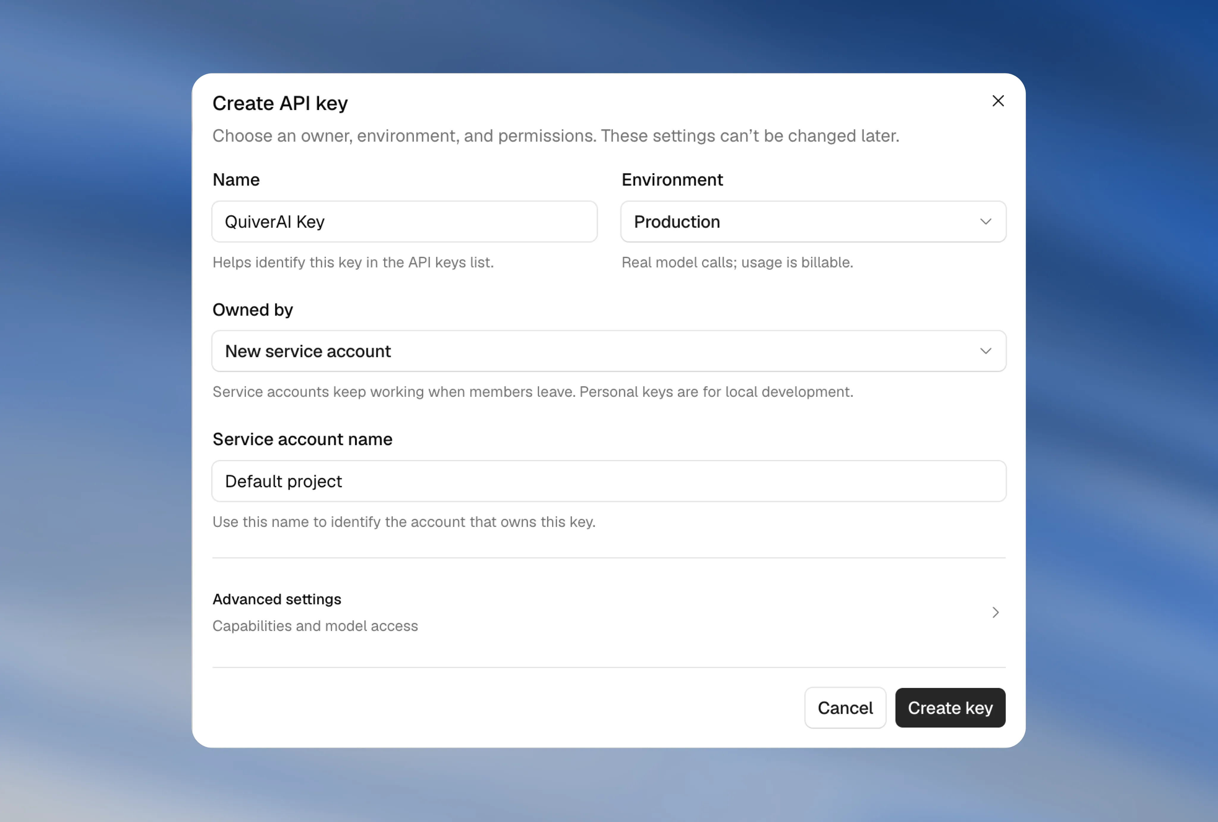 Create API key dialog with Production environment and a new service account selected