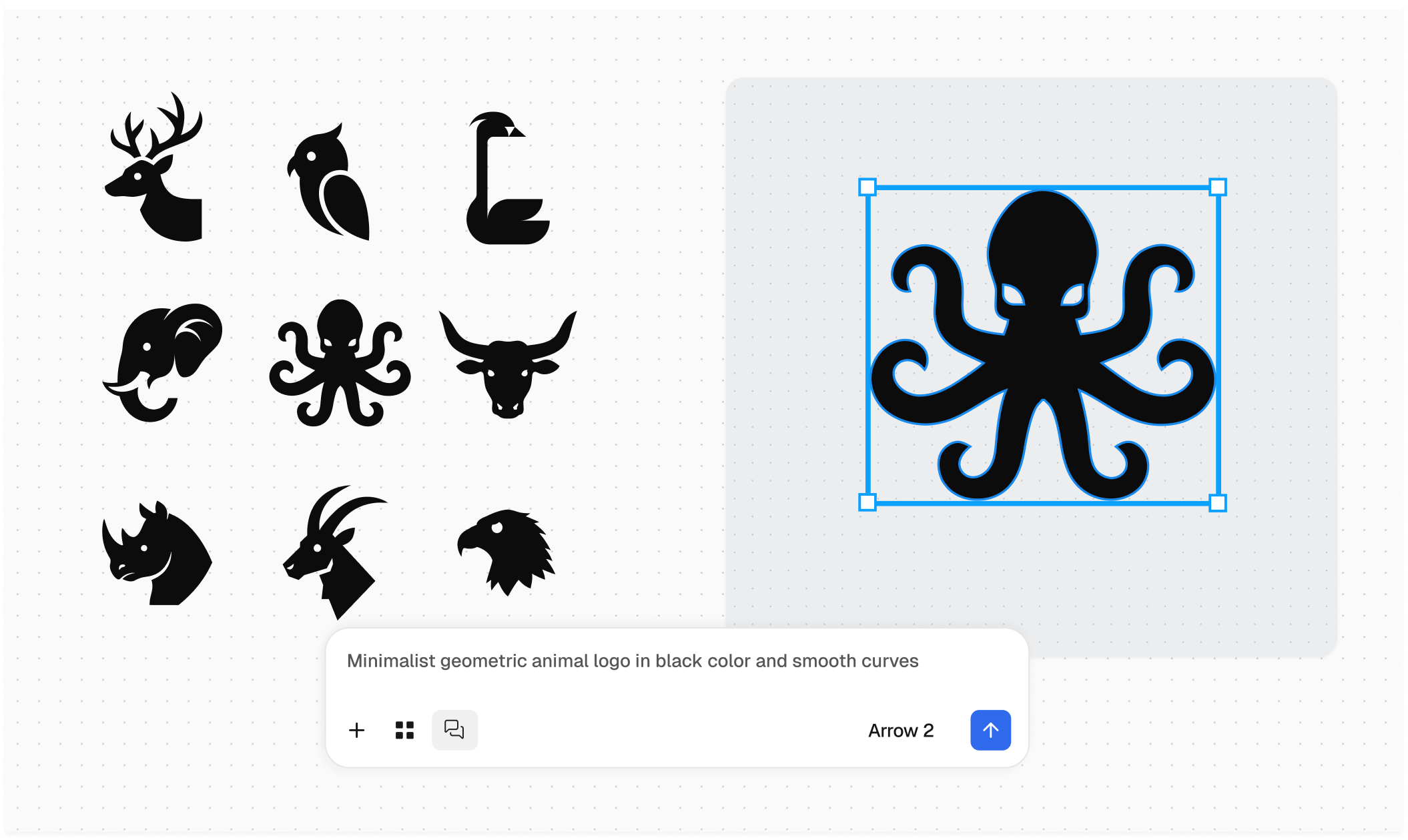 Nine minimalist black geometric animal icons beside an enlarged octopus icon inside a blue selection box