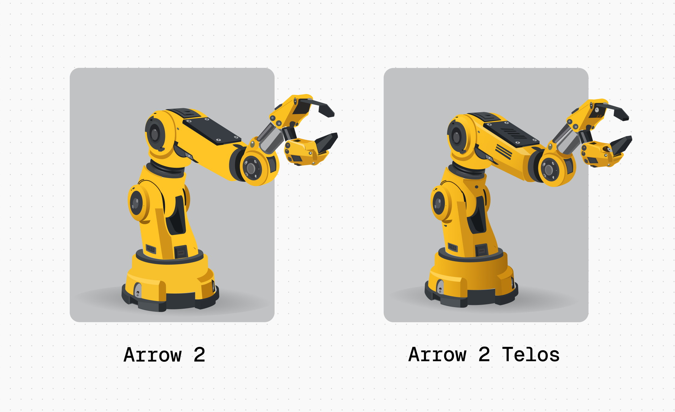 A robotic arm rendered by Arrow 2 with broad flat surfaces beside an Arrow 2 Telos version with more vents and tonal shading