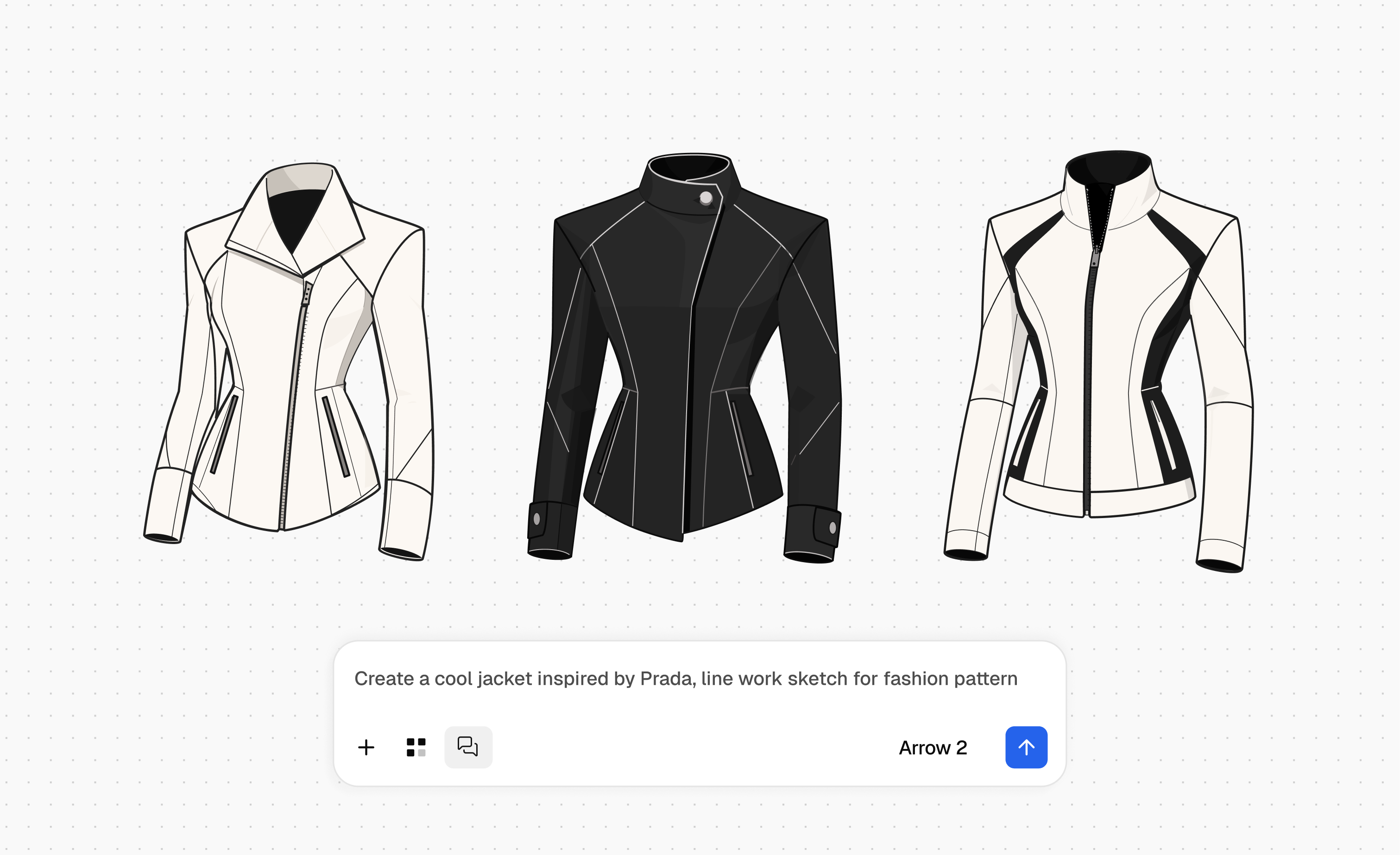 Three tailored jacket concepts with contrasting panels, seams, collars, and zip closures