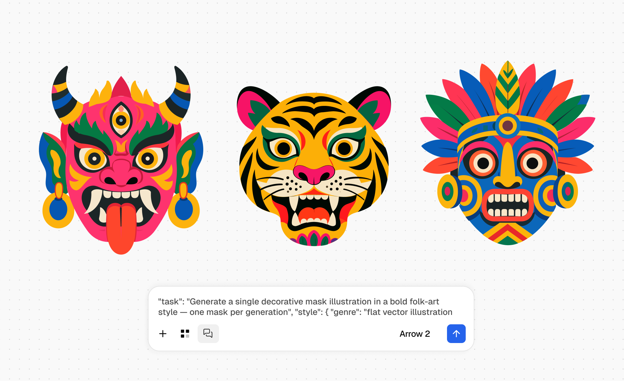 Three decorative mask illustrations using bold flat colors, alongside a partial structured prompt