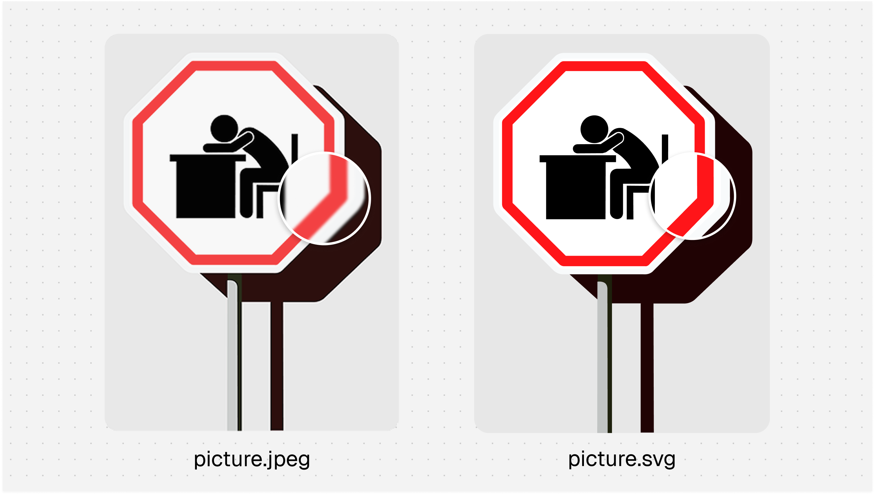 A picture.jpeg raster sign compared with a picture.svg vector sign, including enlarged edge details