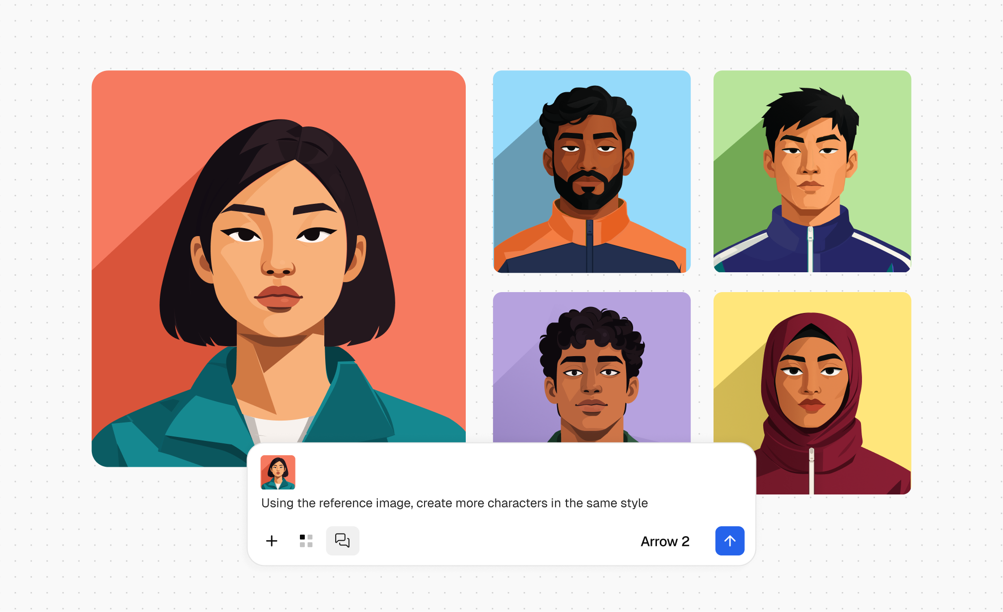 A large vector portrait beside four new portraits with consistent framing, shape language, and shading