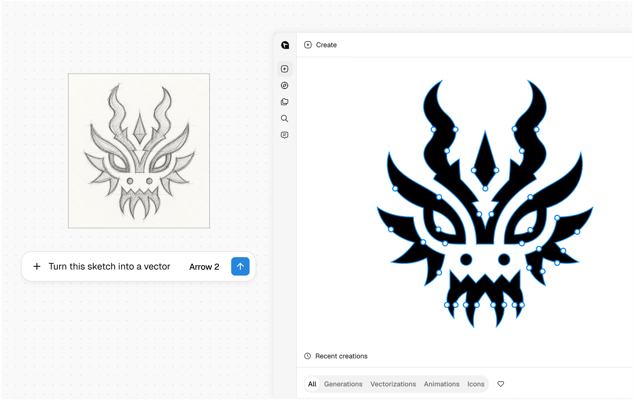 A hand-drawn mask sketch beside a black vector interpretation